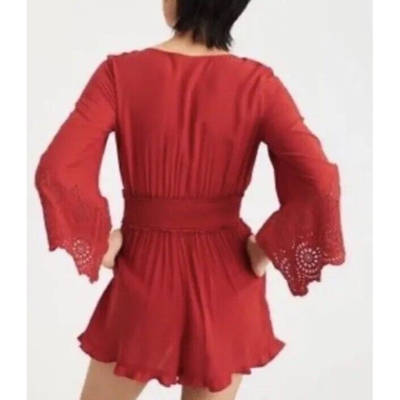 American Eagle Red Tie Front Bell Sleeve Romper Women’s Size Small - Picture 2 of 12